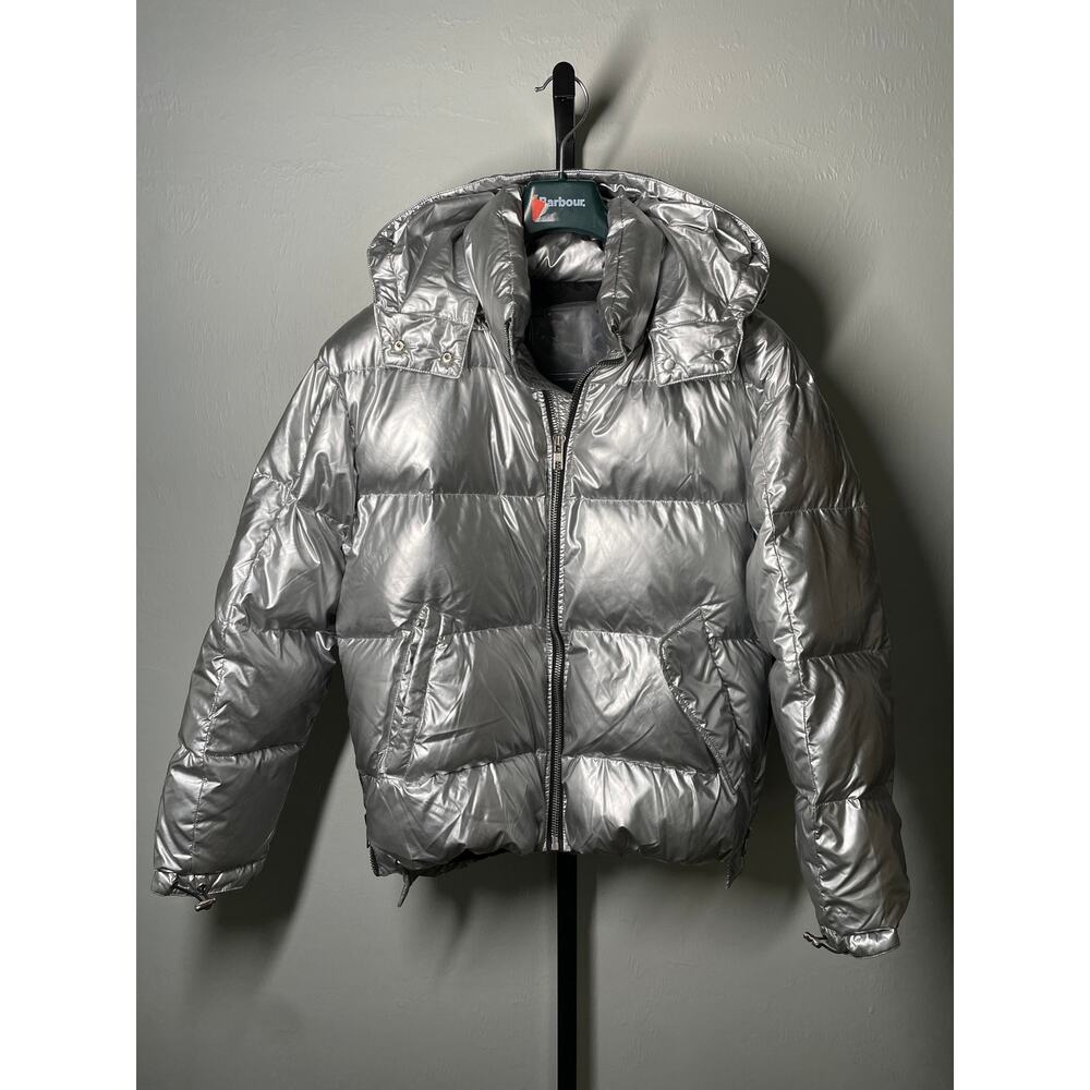 Lattelier Puffer Jacket Womens Medium Silver Shiny Down Filled Zip Winter Hood - Picture 2 of 11